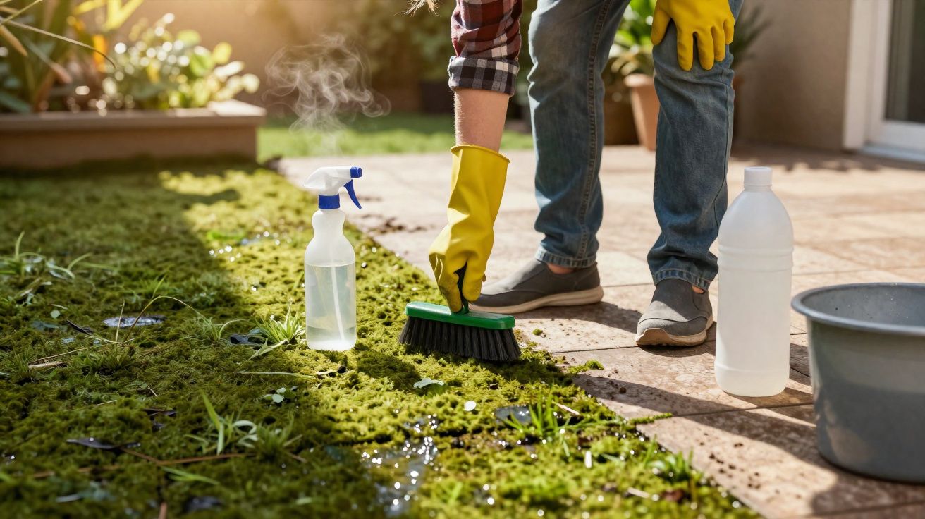 Pessoa usando luvas amarelas limpando musgo com escova em área externa com spray, garrafa e balde ao lado.