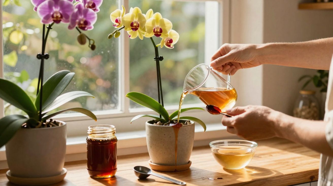 Pessoa regando orquídea amarela com líquido do jarro perto de janela em ambiente iluminado.