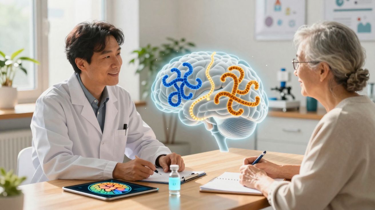 Médico conversa com paciente idosa sobre cérebro com imagens digitais de neurônios na tela entre eles.