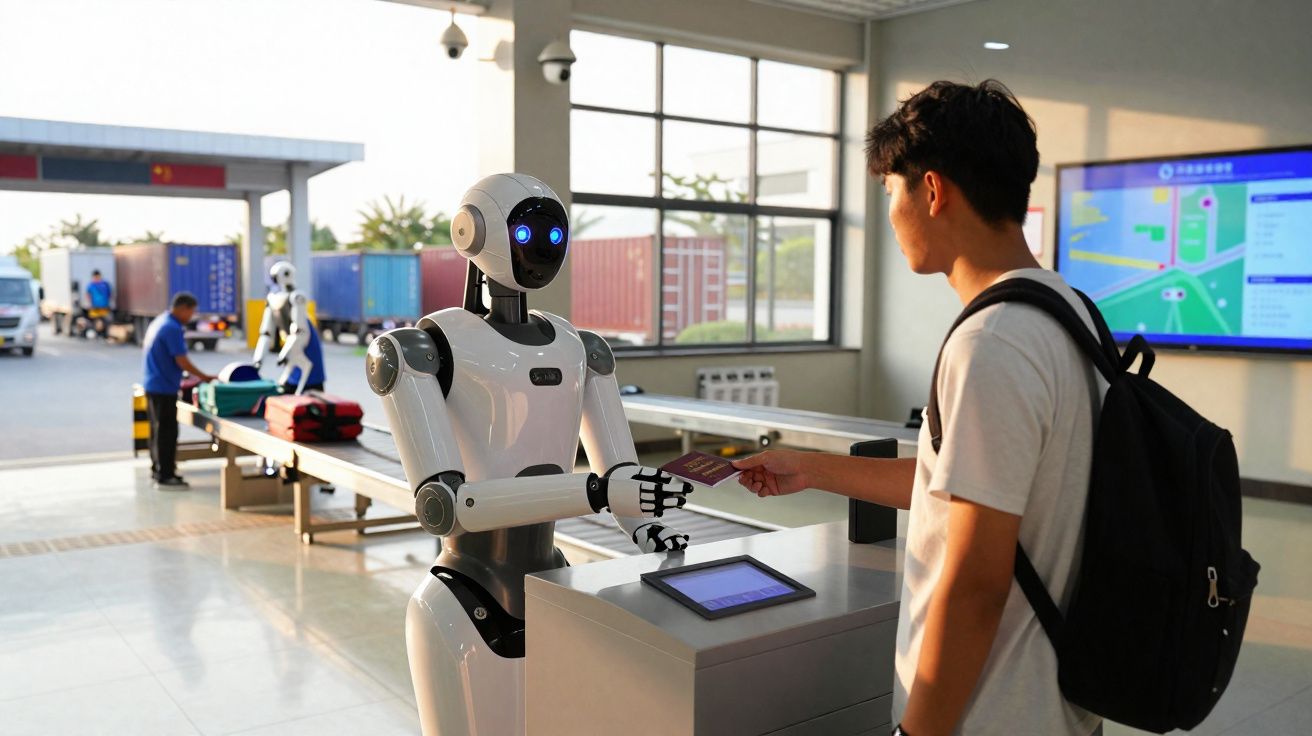 Homem com mochila entrega documento a robô branco em área de triagem de bagagem com luz natural.