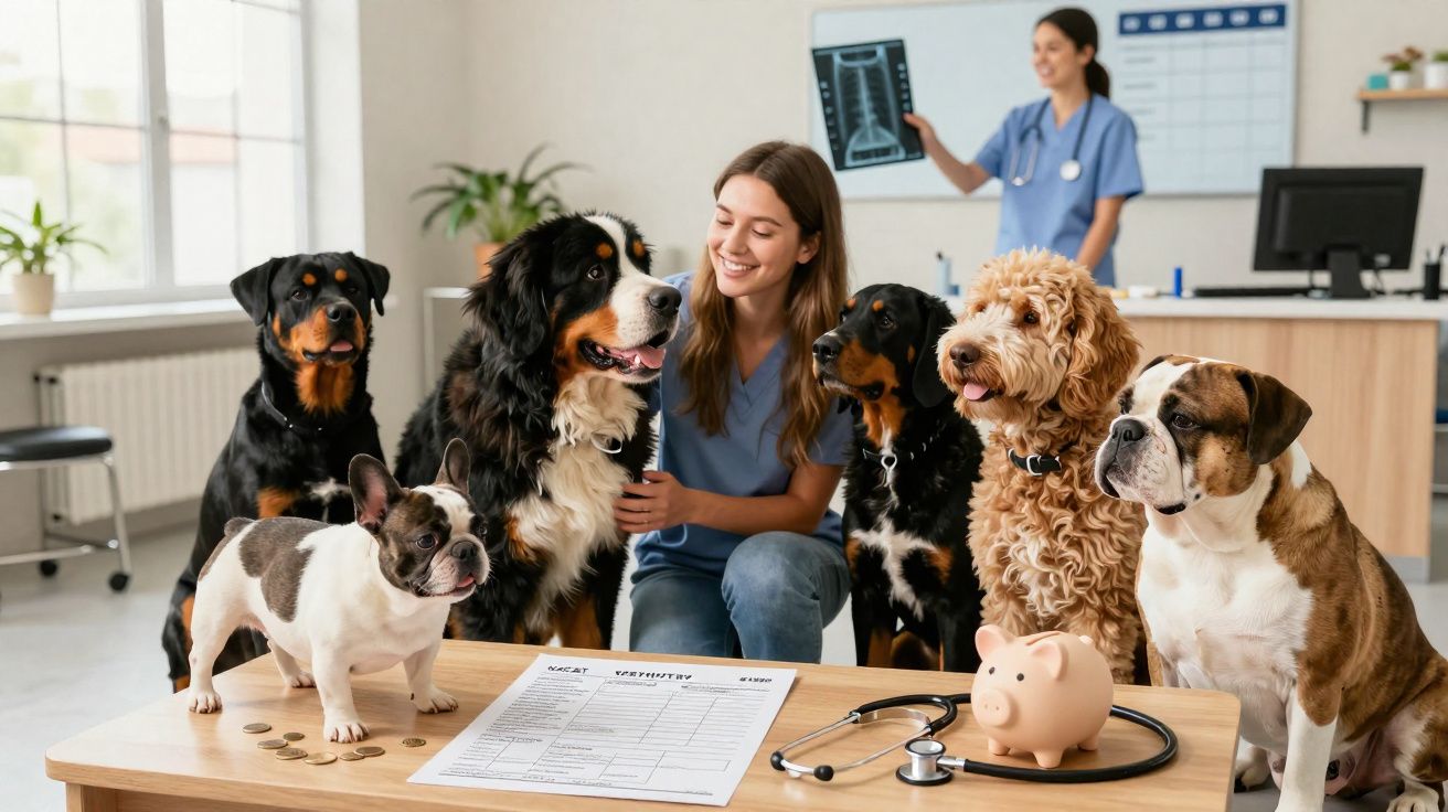 Veterinária sorridente com seis cães de raças diferentes em clínica veterinária iluminada.