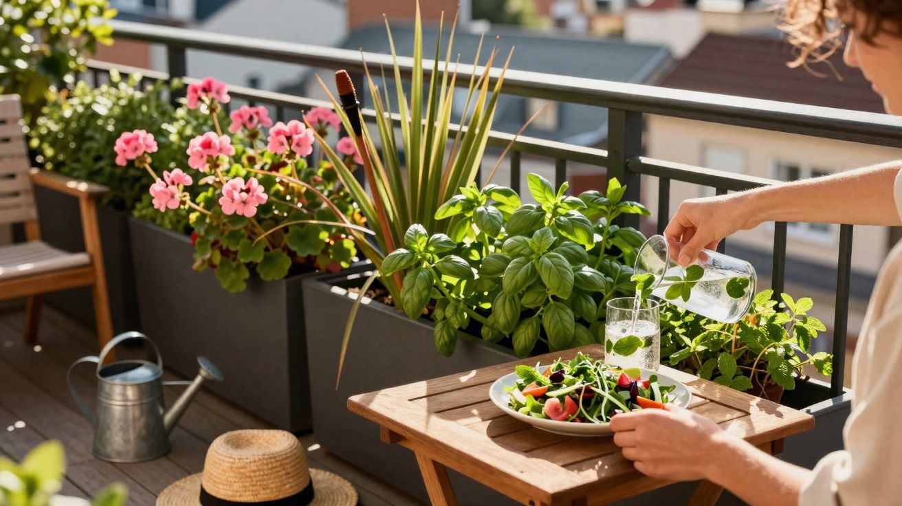 Pessoa servindo água com folhas de hortelã em copo, em varanda com plantas e flores na primavera.