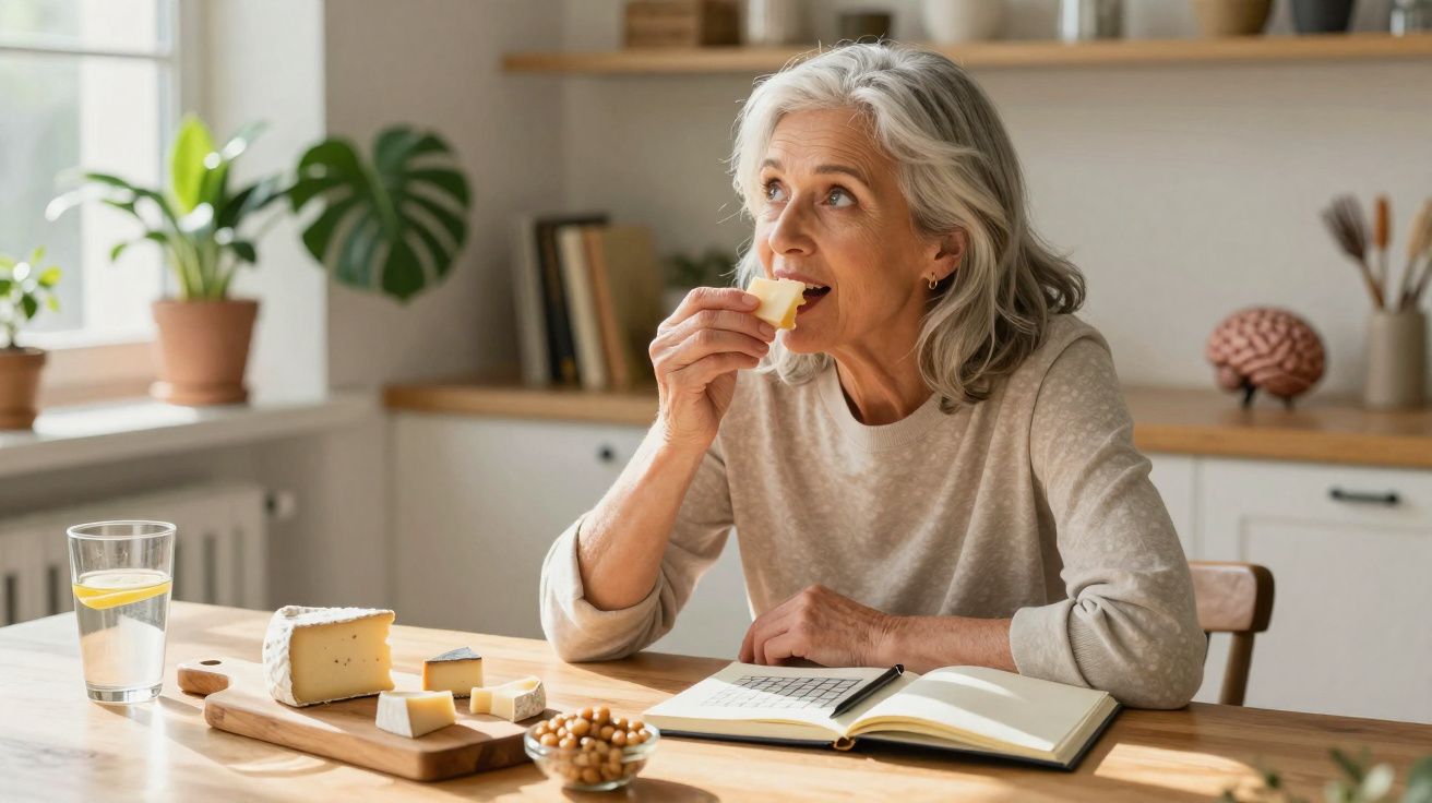 Mulher madura sentada à mesa, comendo queijo, ao lado de um livro aberto e um copo d'água com limão.