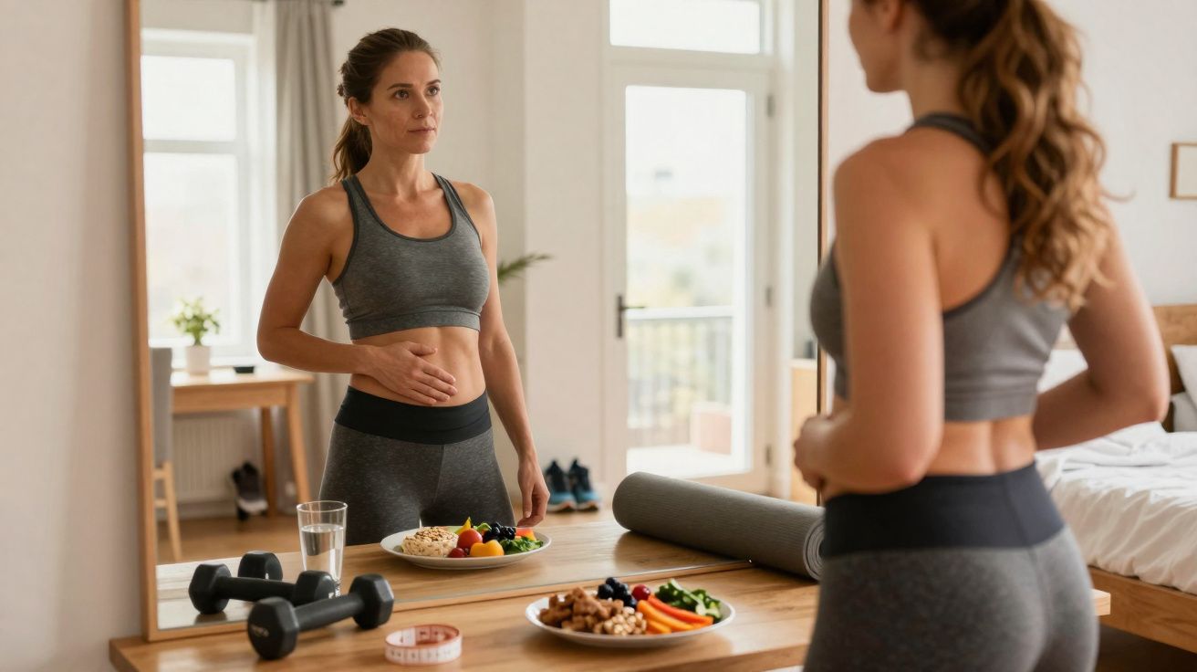 Mulher olhando para o espelho com expressão pensativa, vestindo roupa fitness, com alimentos saudáveis na frente.