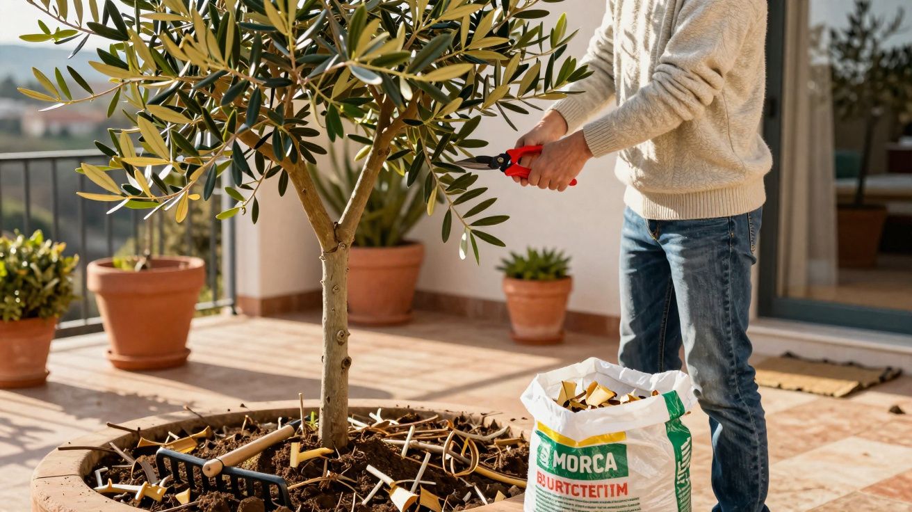 Pessoa podando árvore em vaso grande na varanda ensolarada com utensílios de jardinagem e saco de substrato.