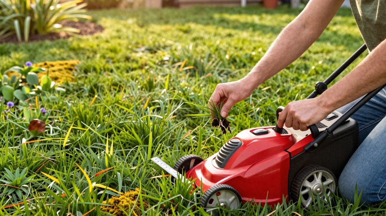 Pessoa removendo erva daninha do gramado próximo a um cortador de grama vermelho.