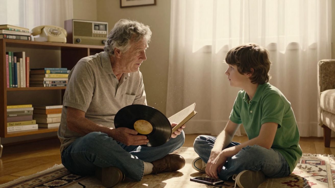 Homem idoso e menino sentados no chão de sala, o homem segura disco de vinil e livro, o menino olha atentamente.