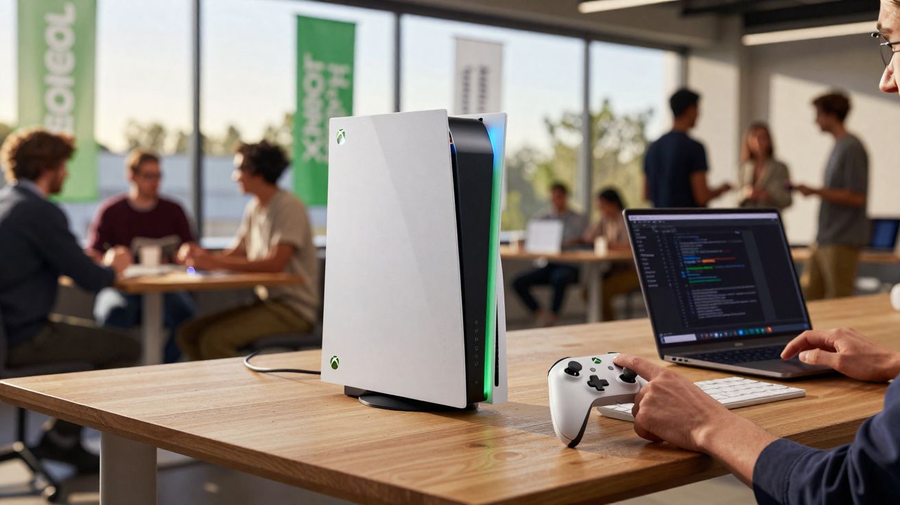 Console Xbox Series S branco em mesa com controle junto a pessoa usando notebook com código na tela, fundo com grupo reunido.