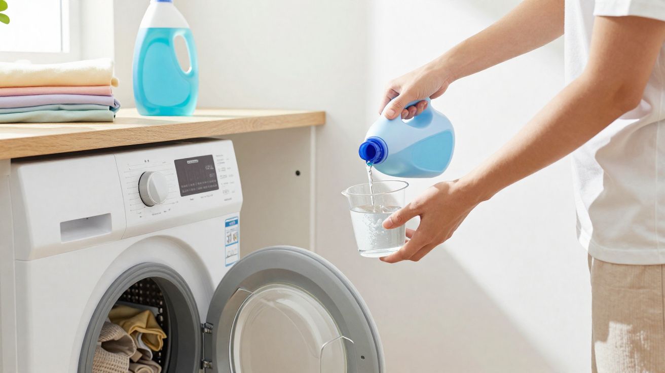 Pessoa medindo detergente líquido para máquina de lavar roupas com máquina aberta ao lado.