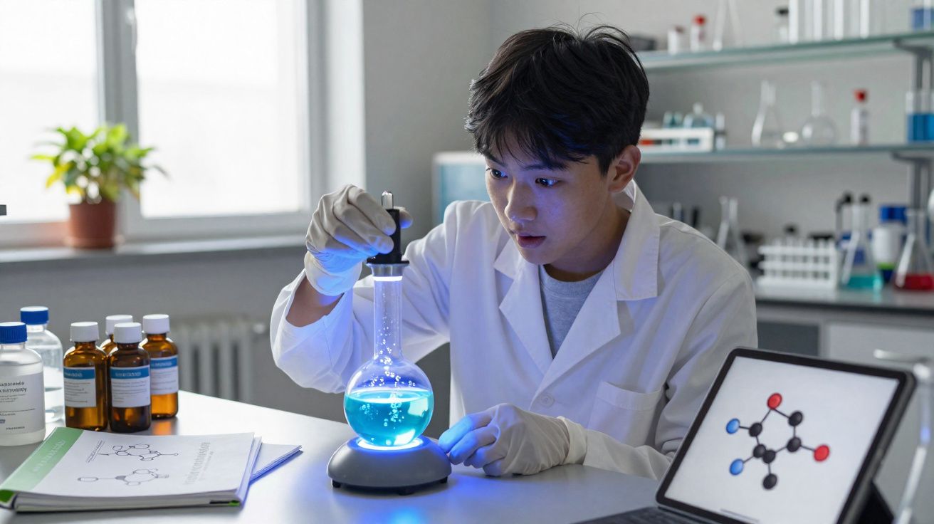 Cientista em laboratório manipulando líquido azul em balão volumétrico com luvas e jaleco branco.