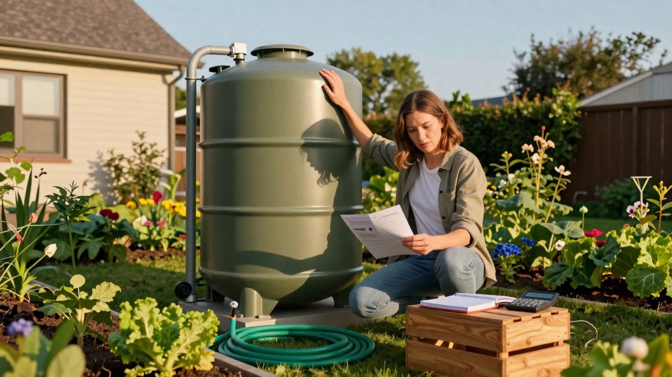 Mulher lendo manual próxima a um reservatório de água no jardim de uma casa.