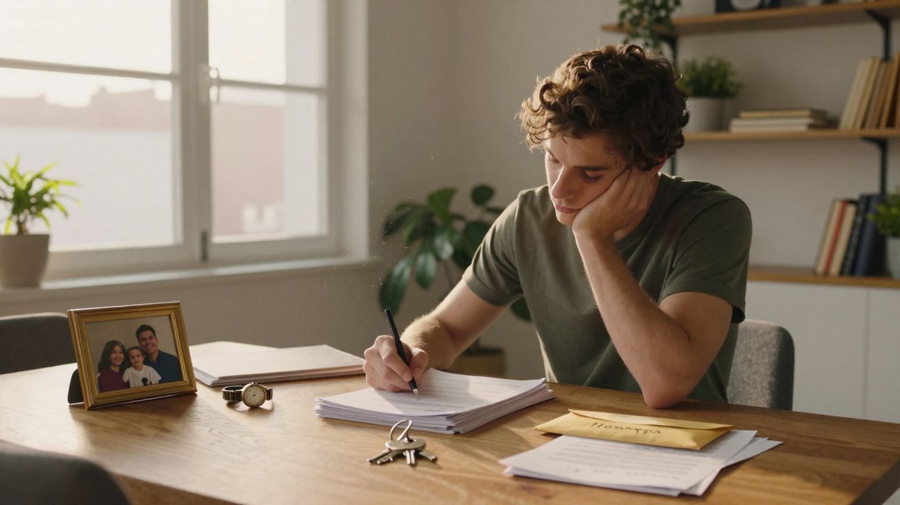 Jovem sentado à mesa escrevendo em papéis com janela ao fundo e porta-retratos ao lado.