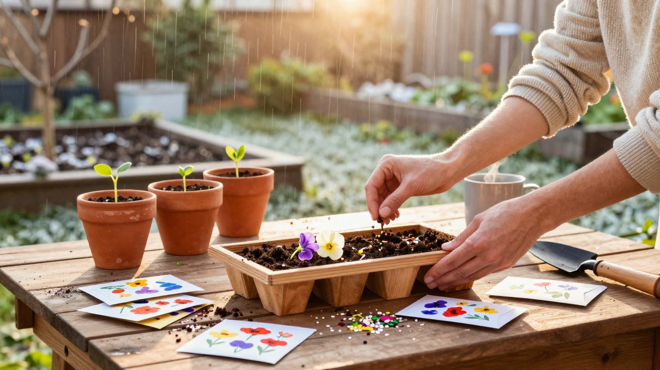 Pessoa plantando sementes em bandeja de madeira com vasos e envelopes coloridos sobre mesa ao ar livre.