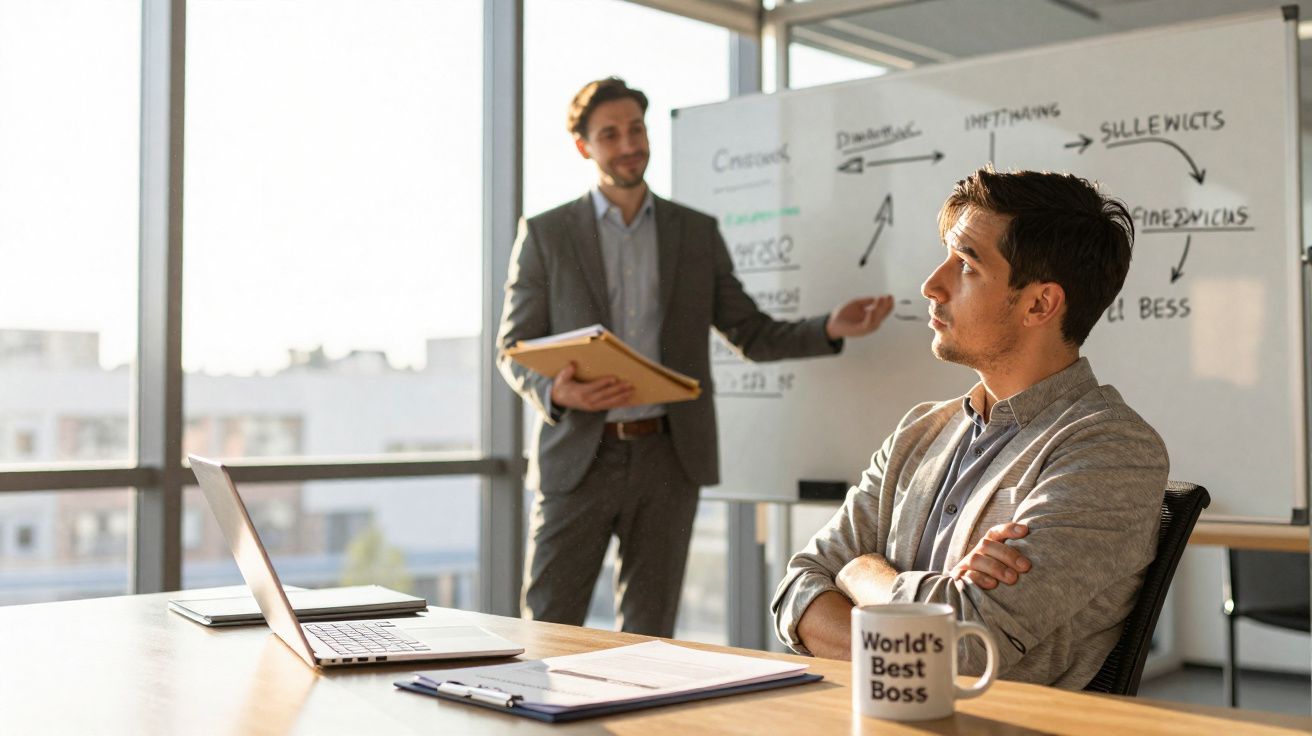 Dois homens em reunião de escritório, um apresentando ao quadro branco e outro atento sentado em cadeira.