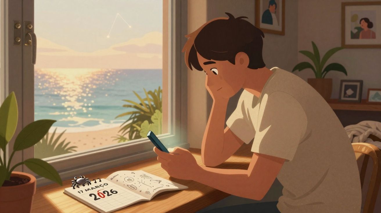 Jovem sentado à mesa olhando o celular, com vista para o mar ao pôr do sol e calendário marcando 17 de março de 2026.