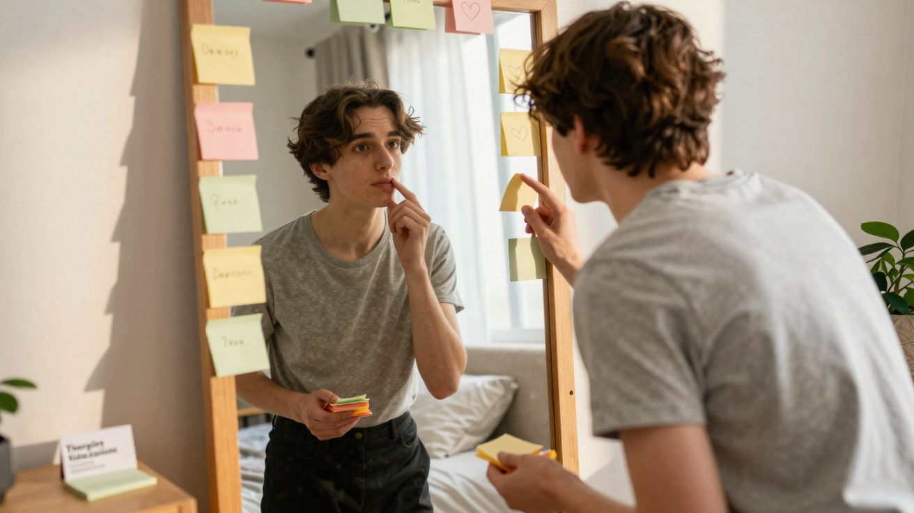 Jovem em frente a espelho colando post-its coloridos com anotações em ambiente doméstico claro.