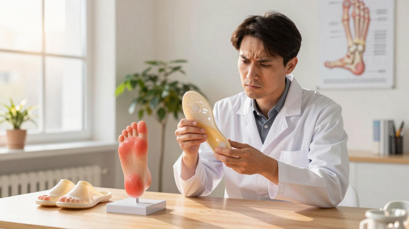 Médico analisando palmilha ortopédica com modelo de pé inflamado em ambiente clínico moderno.