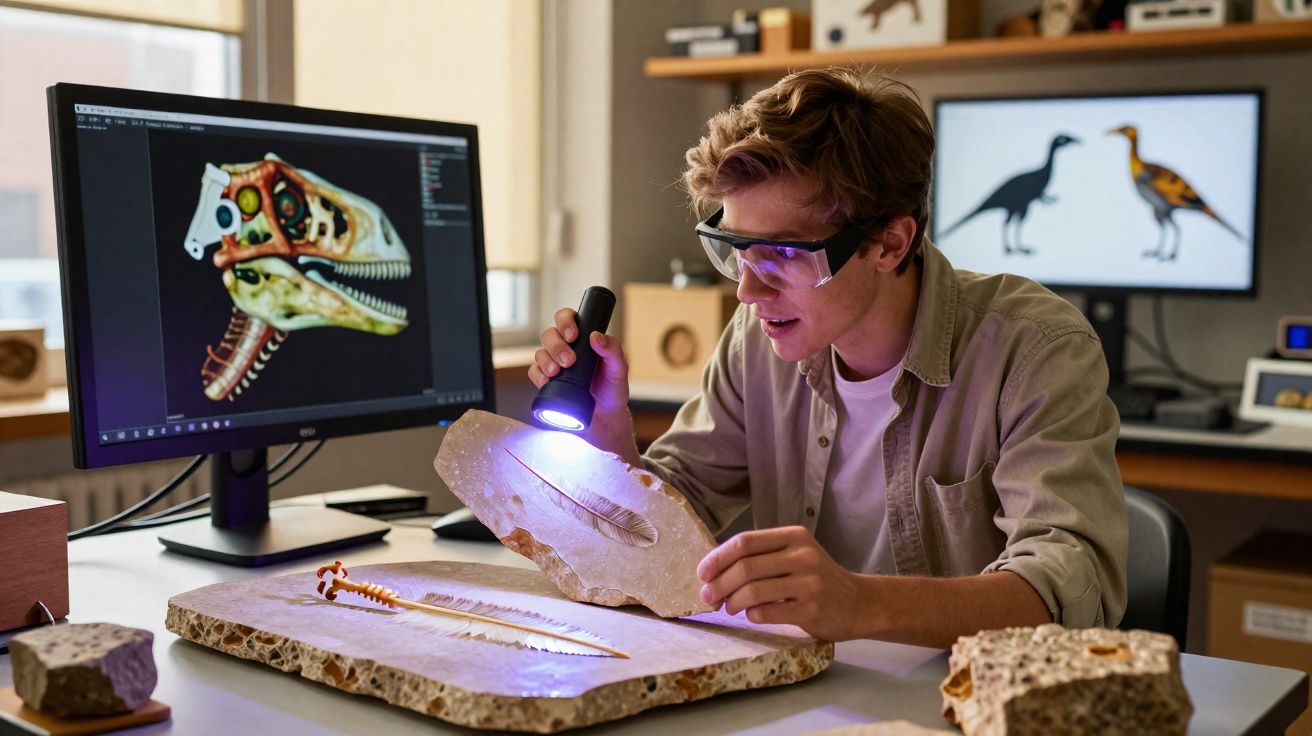 Jovem pesquisador examina fósseis com lanterna em laboratório moderno de paleontologia.