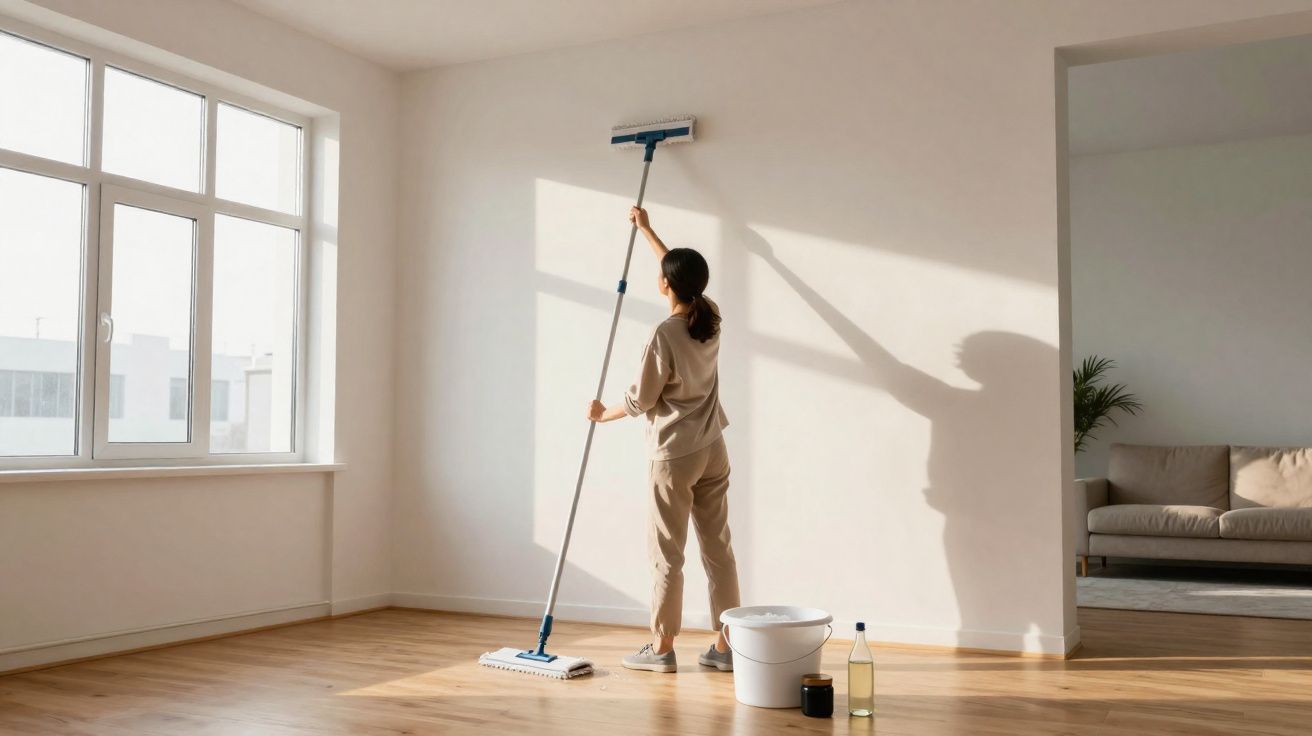 Pessoa limpando parede branca em sala com mop, balde e frascos no chão ao lado.