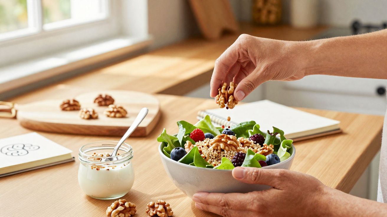 Mãos adicionam nozes a salada colorida com folhas, frutas vermelhas e iogurte em pote sobre mesa de madeira.