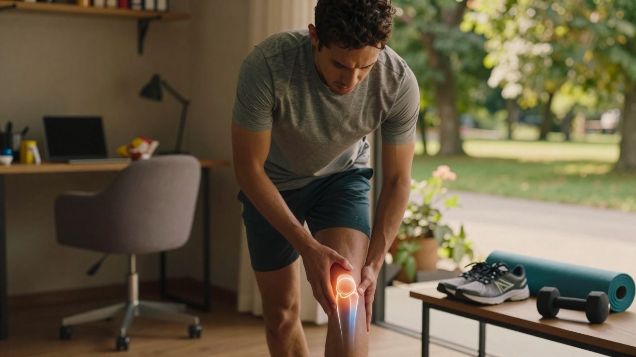 Homem com expressão de dor segurando o joelho iluminado, em ambiente interno perto de uma janela.