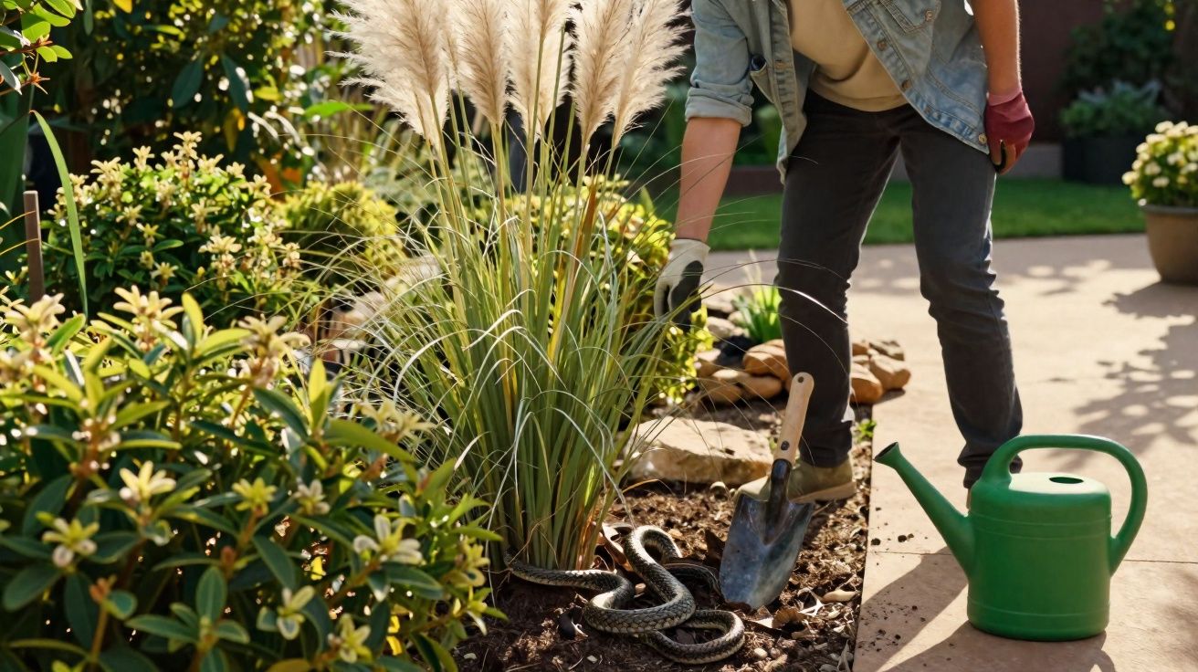 Pessoa com jardineira manuseando pá perto de cobra em canteiro de jardim ensolarado.