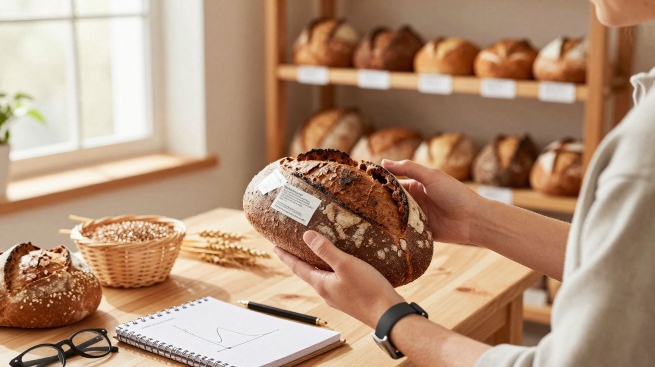 Pessoa segurando pão artesanal em padaria com cesta de sementes, caderno e óculos sobre mesa de madeira.