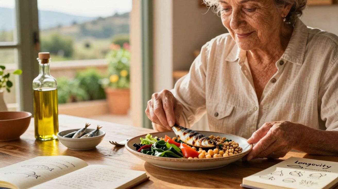 Mulher idosa sentada à mesa preparando prato com peixe grelhado, legumes e grãos, com livros abertos ao redor.