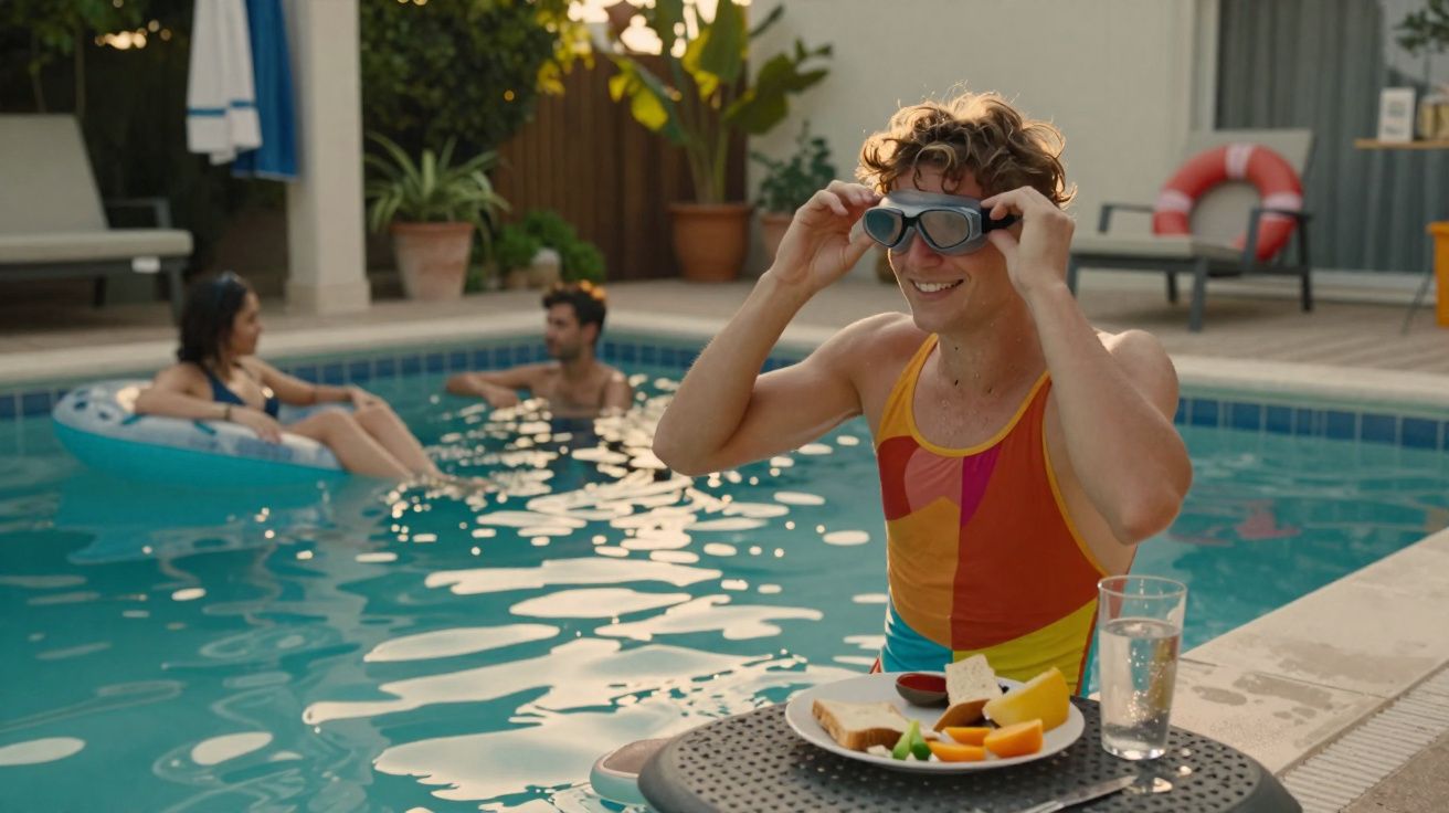 Jovem de maiô colorido colocando óculos de natação ao lado da piscina com duas pessoas ao fundo.