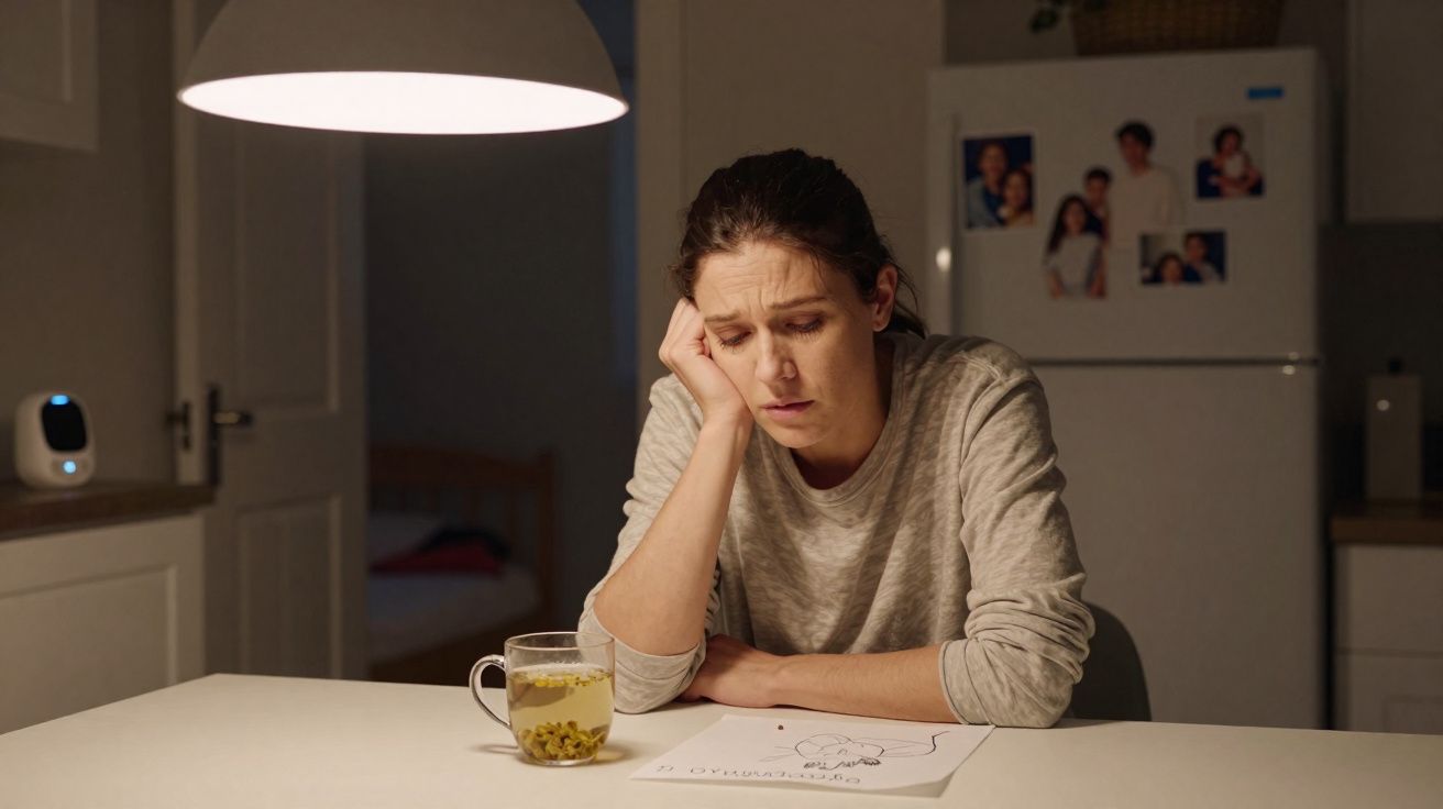 Mulher com expressão cansada e preocupada sentada à mesa com chá e desenho em cozinha iluminada à noite.