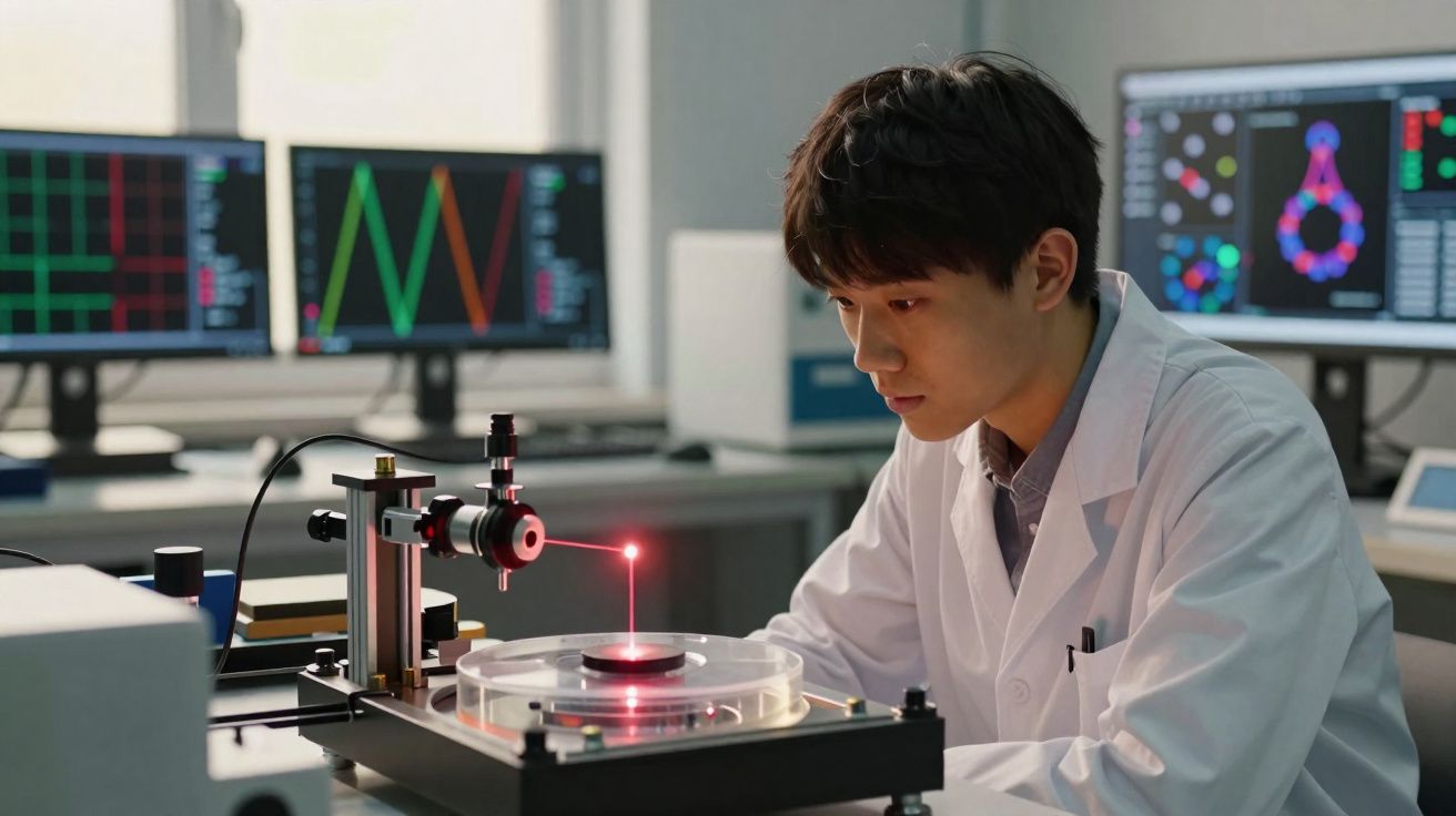 Cientista em laboratório operando equipamento com laser vermelho e monitores mostrando gráficos ao fundo.