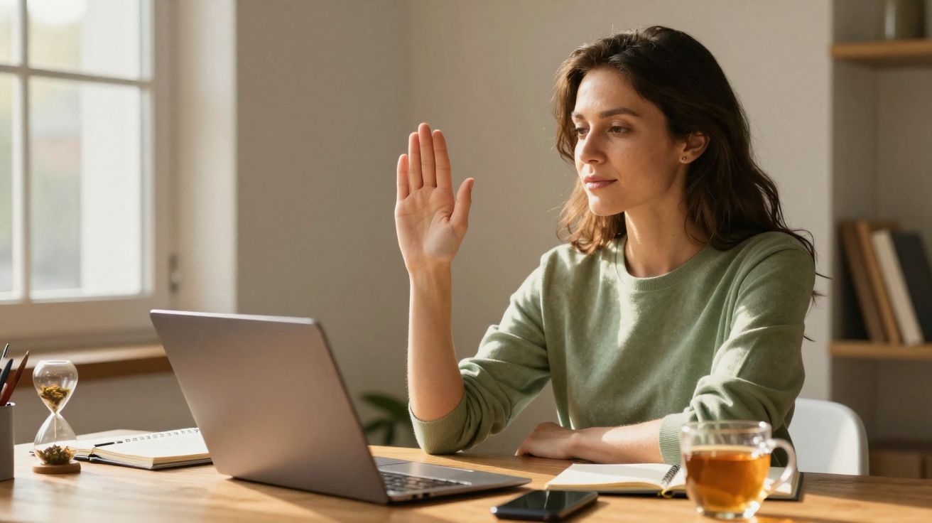 Mulher com blusa verde levantando a mão em videoconferência em casa, sentada à mesa com laptop e chá.