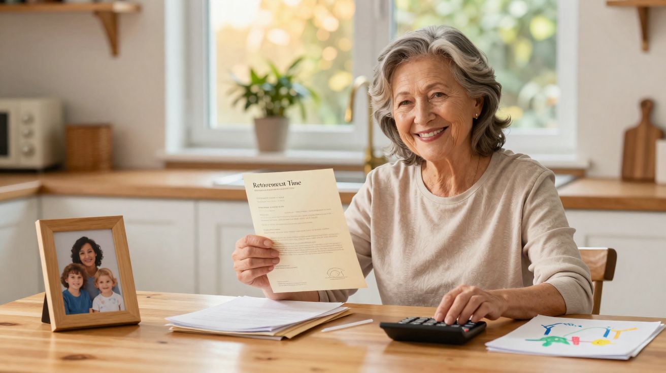 Mulher idosa sorridente segurando papel e usando calculadora em mesa com porta-retrato na cozinha.