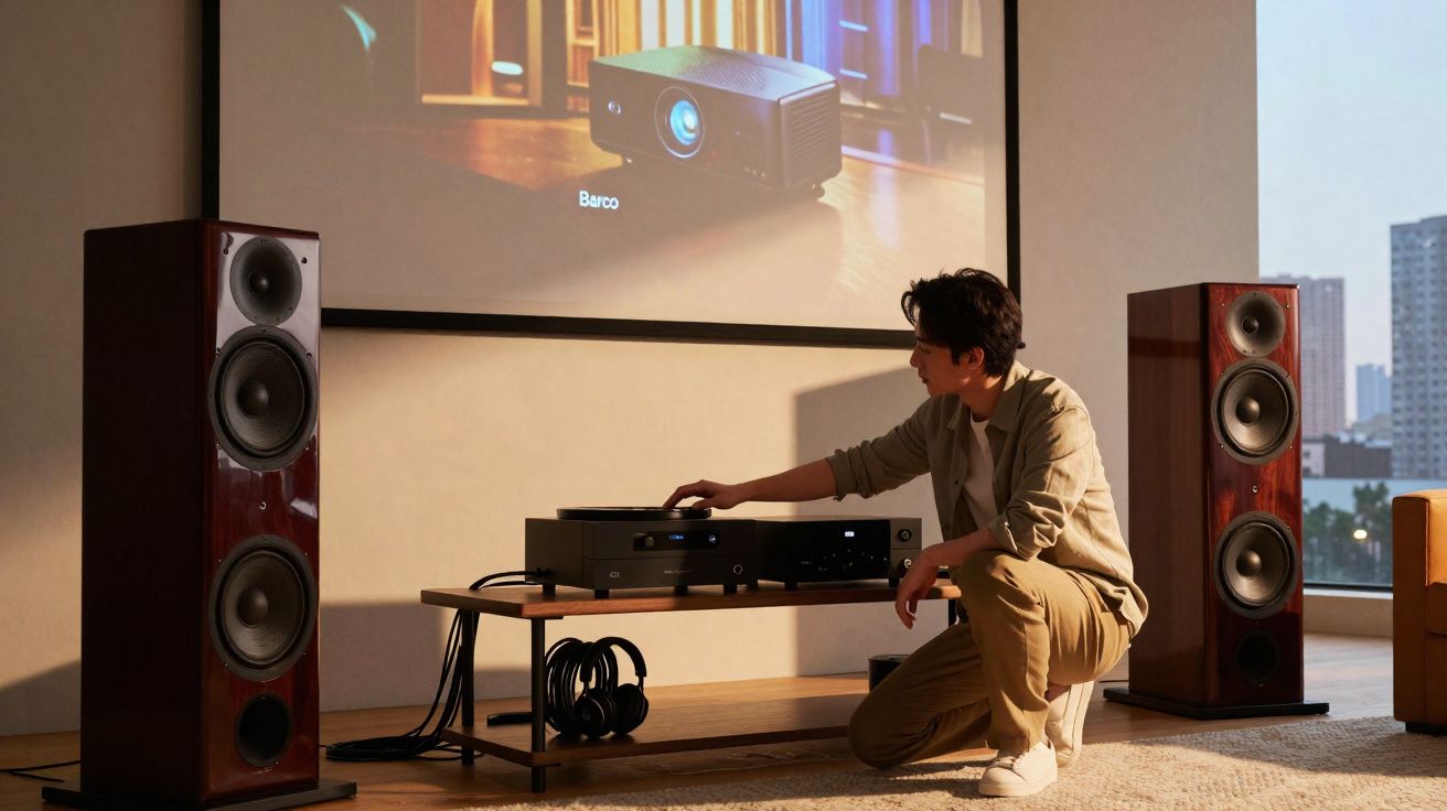 Jovem ajusta equipamento de som entre duas caixas acústicas em ambiente iluminado e moderno.