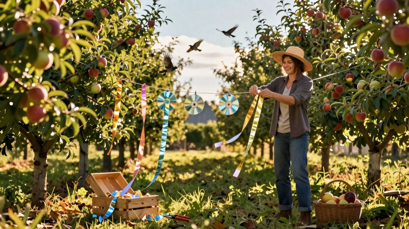 Mulher em pomar prende fitas e CDs para espantar pássaros de árvores com maçãs maduras.