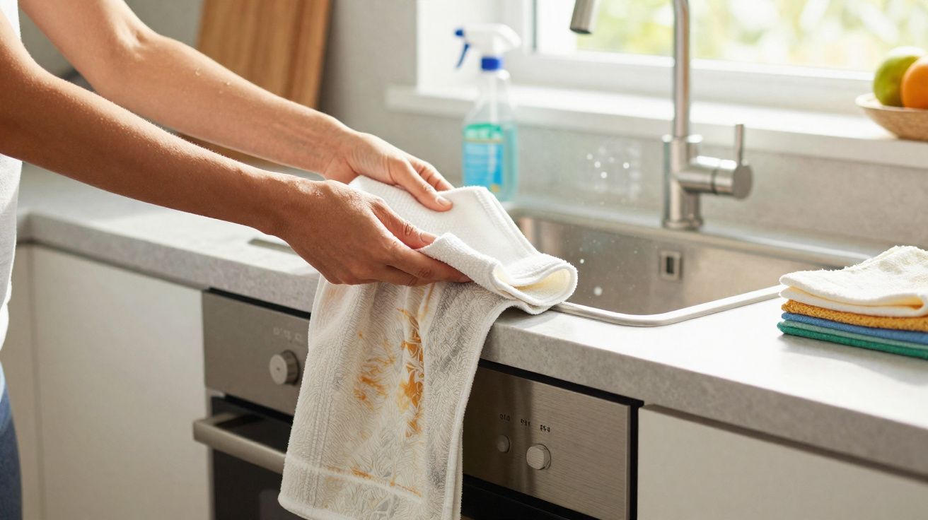 Pessoa lavando um pano de prato sujo junto à pia em cozinha moderna e iluminada pela luz natural.