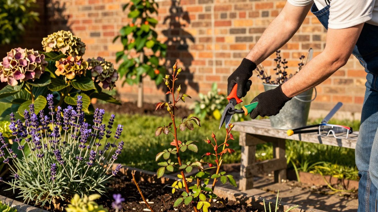 Pessoa podando roseira com tesoura de jardinagem em canteiro de flores ao ar livre.