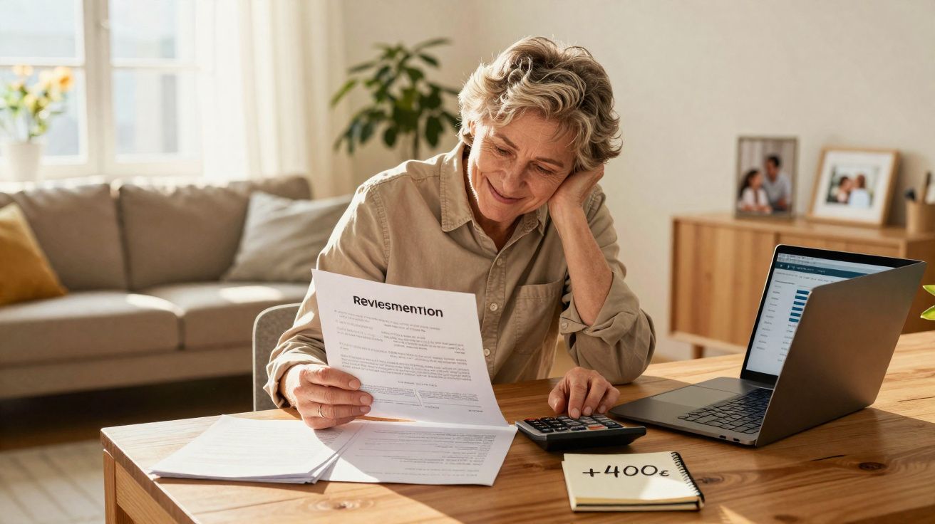 Mulher madura sorrindo enquanto calcula contas com documentos, calculadora e laptop em mesa de madeira.