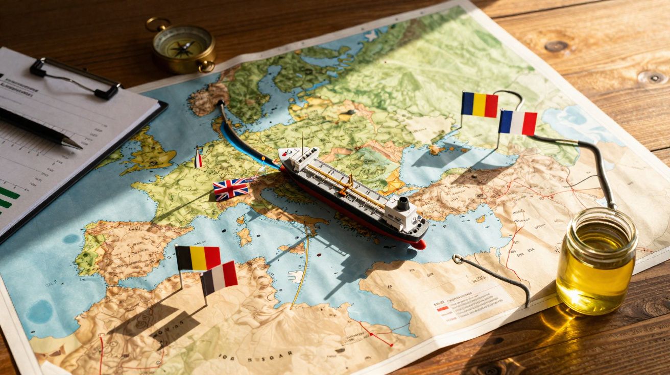 Mapa da Europa com navio modelo, pequenas bandeiras e bússola sobre mesa de madeira.