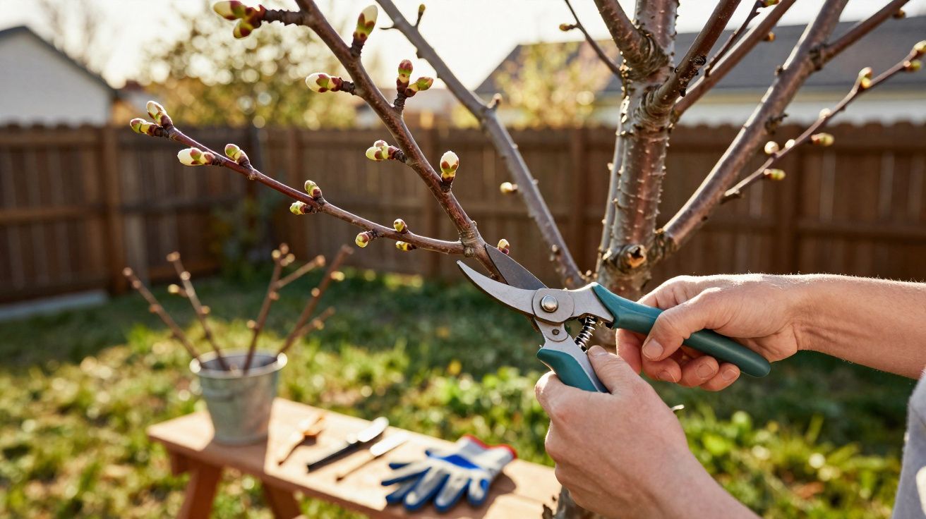 Mãos podando galhos com brotos em árvore no jardim, com mesa e ferramentas desfocadas ao fundo.