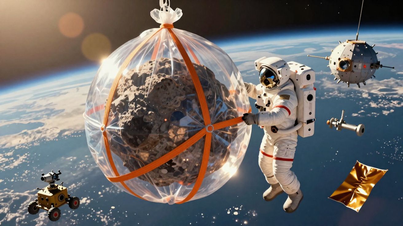 Astronauta em traje espacial manipula grande asteróide protegido por rede transparente em órbita da Terra.