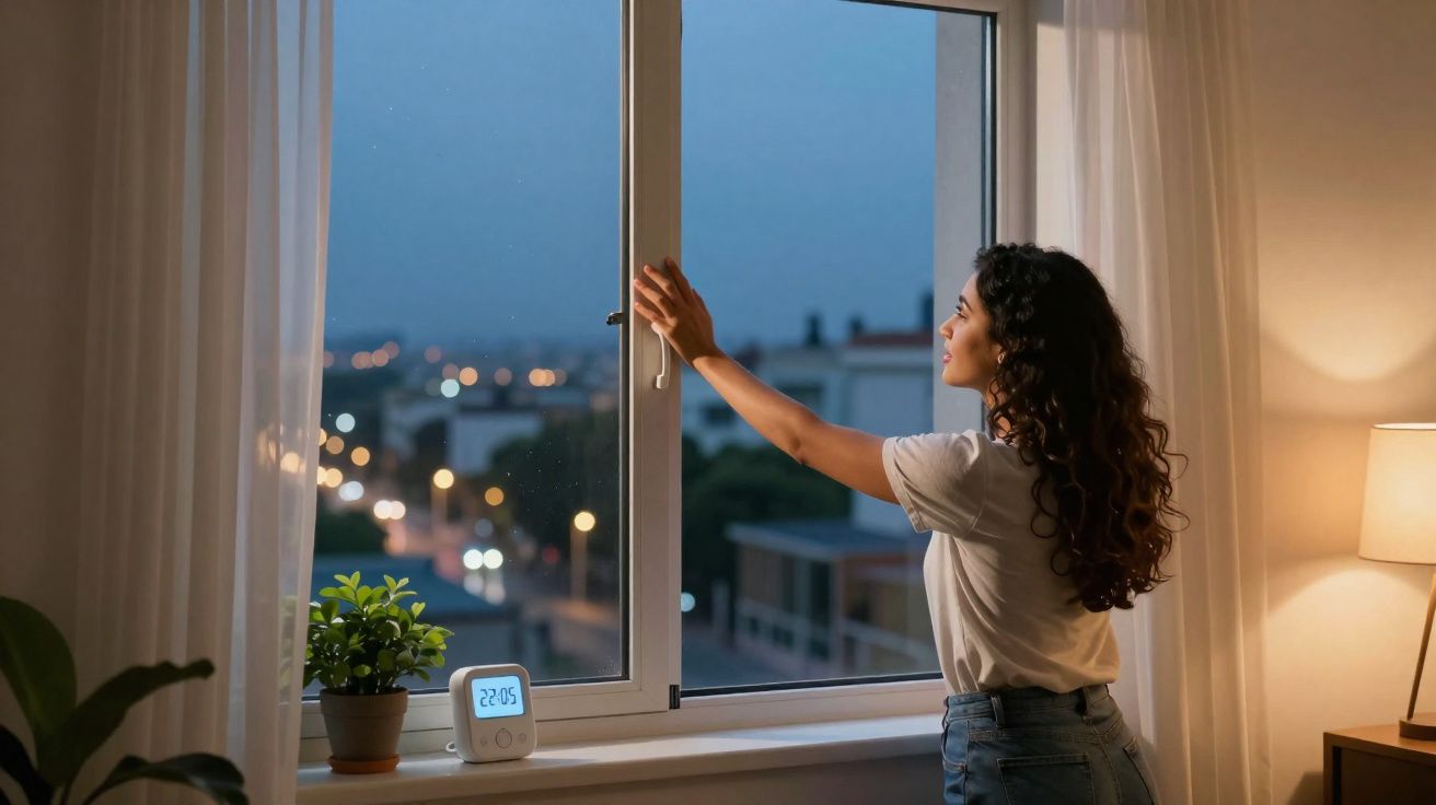 Mulher ajusta janela na sala iluminada, com vista noturna da cidade e relógio digital na janela.