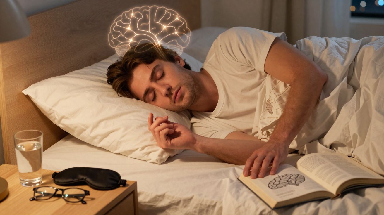 Homem dormindo ao lado de livro aberto sobre cérebro, com ilustração brilhante de cérebro sobre sua cabeça.