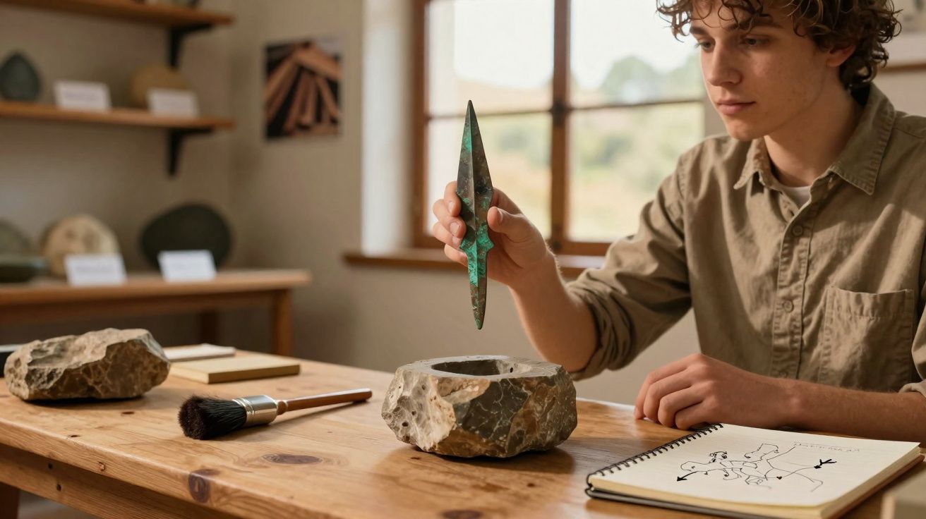 Jovem segurando ponta de lança antiga em oficina com pedras, pincel e caderno de desenhos sobre mesa de madeira.
