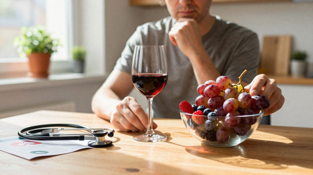 Homem em mesa com taça de vinho, tigela de frutas e estetoscópio, simbolizando escolha entre saúde e álcool.