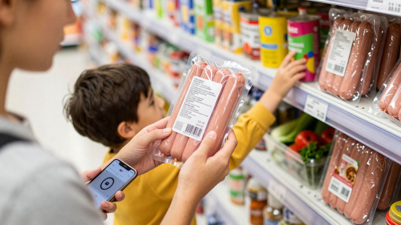 Pessoa segurando pacote de salsichas em supermercado com criança escolhendo produtos na prateleira.