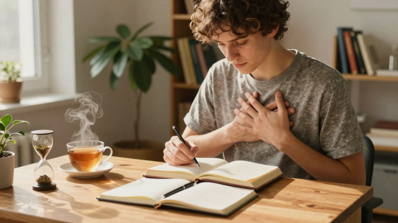 Jovem escrevendo em caderno, sentado à mesa com chá quente, ampulheta e plantas ao redor.
