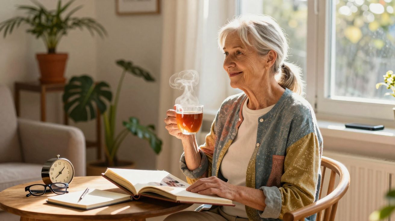 Mulher idosa sorrindo, tomando chá e lendo livro em mesa de madeira perto da janela iluminada.
