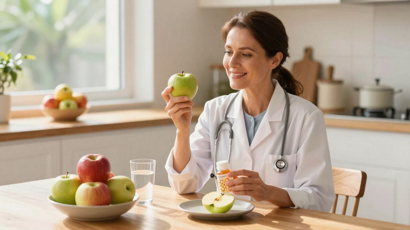 Médica sorridente segura maçã verde e frasco de remédios sentada à mesa com frutas e copo d'água.