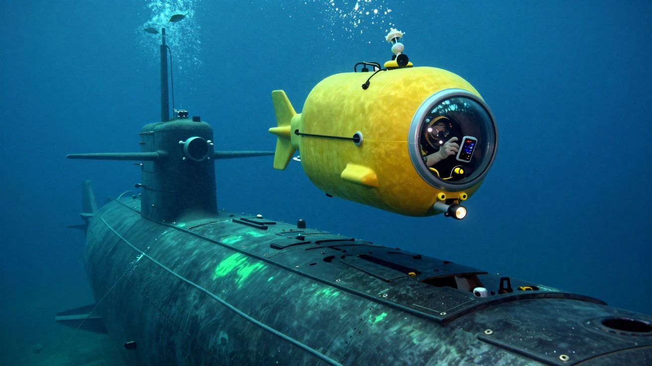 Submarino amarelo pequeno com pessoa no interior próximo a submarino maior no fundo do mar.